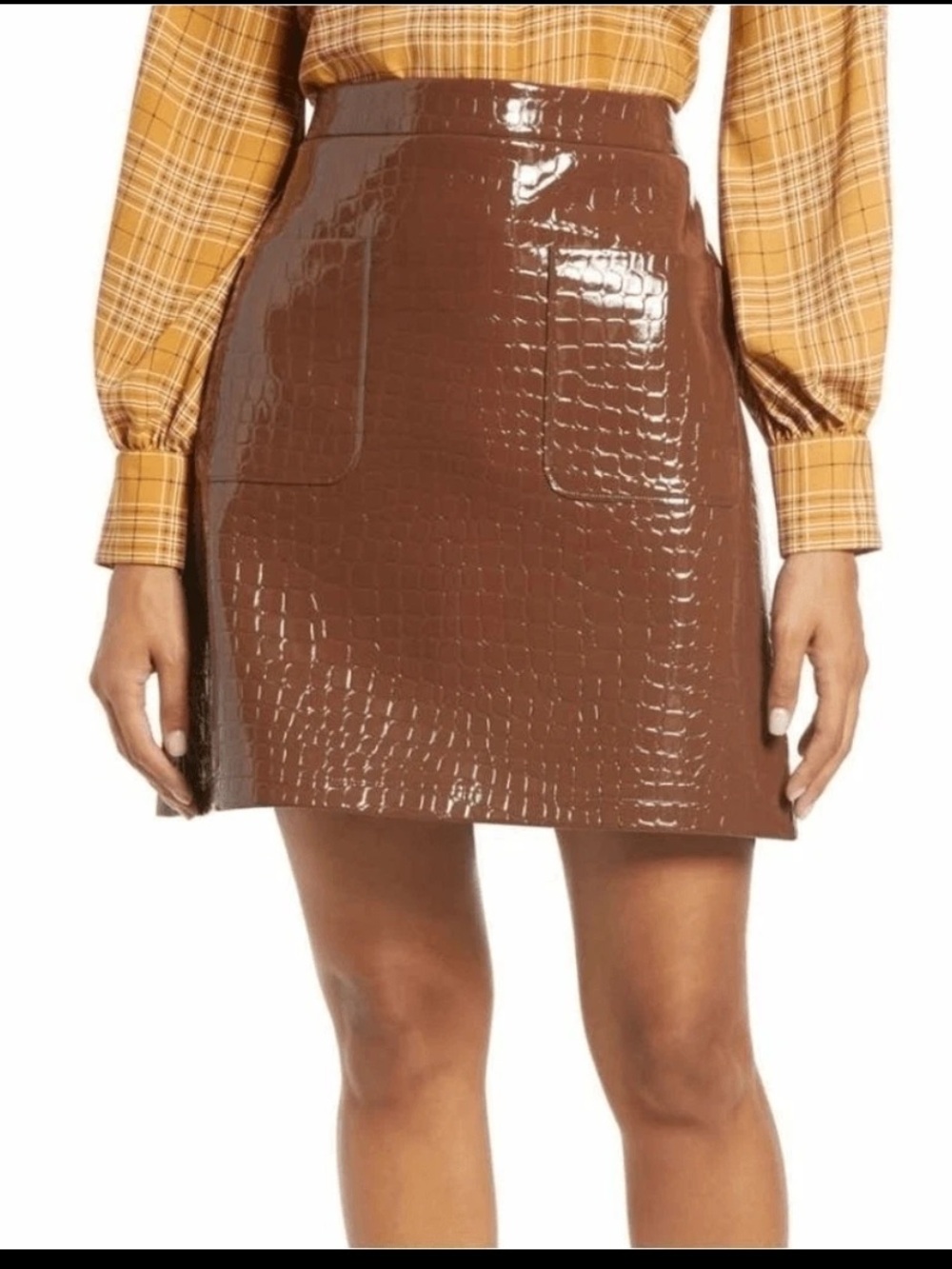Halogen x Atlantic Pacific Chocolate Brown Faux Croc Leather A-Line Skirt L